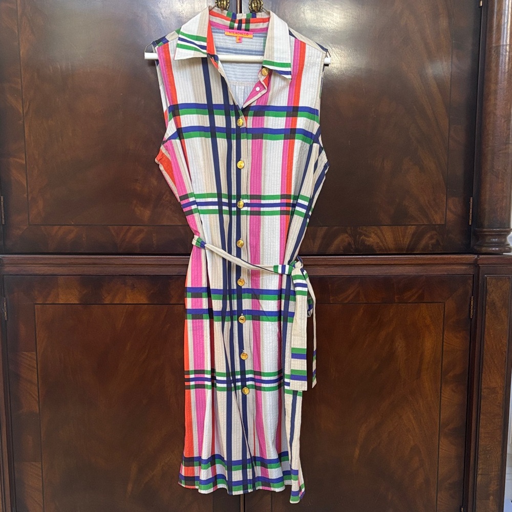 Vilagallo Sleeveless Plaid Shirt Dress in Pink, Green, Blue, Navy